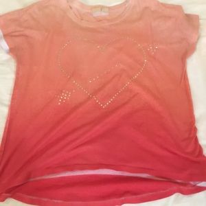 Ombré orange shirt w/ gold decals & slight hi-low